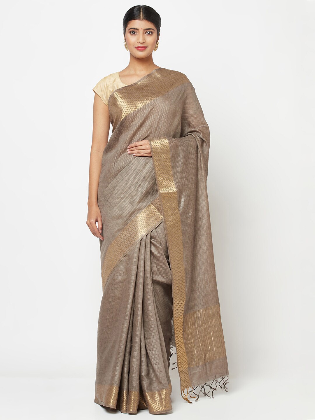 

Fabindia Grey & Gold-Toned Striped Zari Pure Silk Tussar Saree