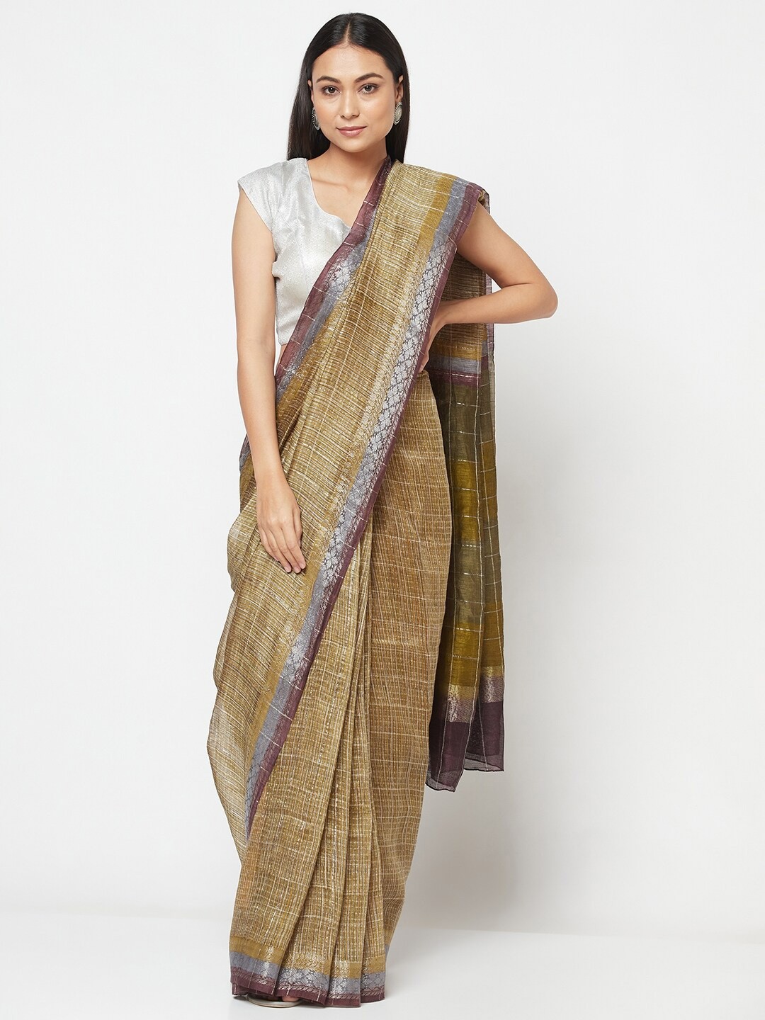 

Fabindia Olive Green & Silver Checked Linen Silk Saree