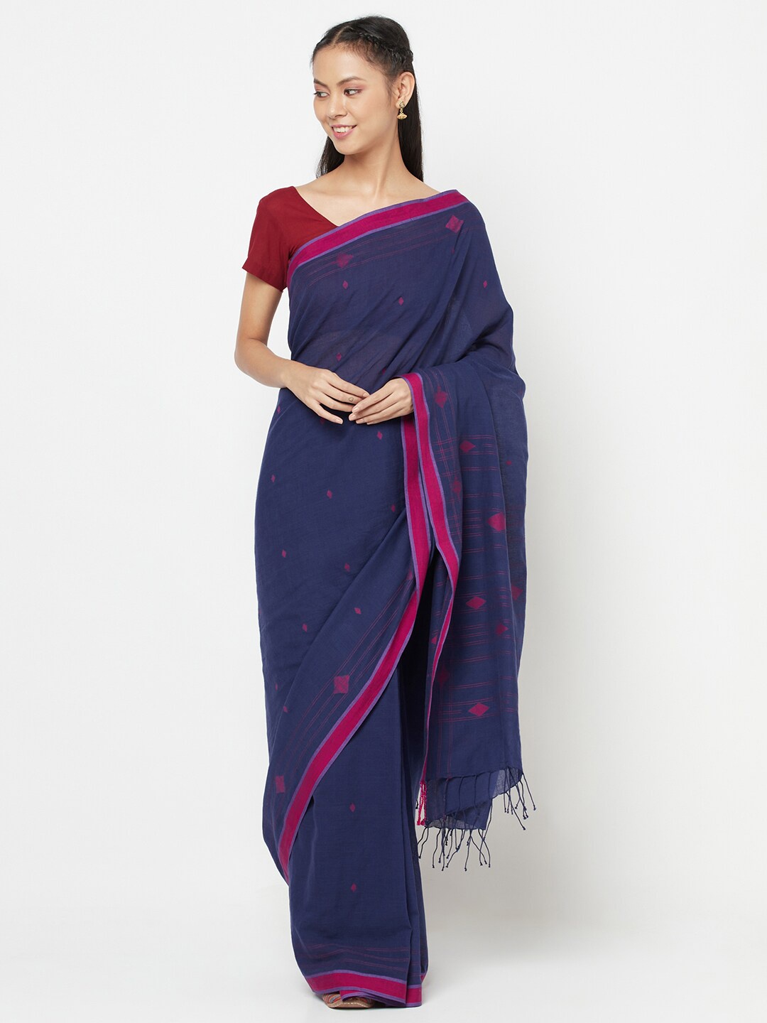 

Fabindia Navy Blue & Pink Woven Design Pure Cotton Jamdani Saree