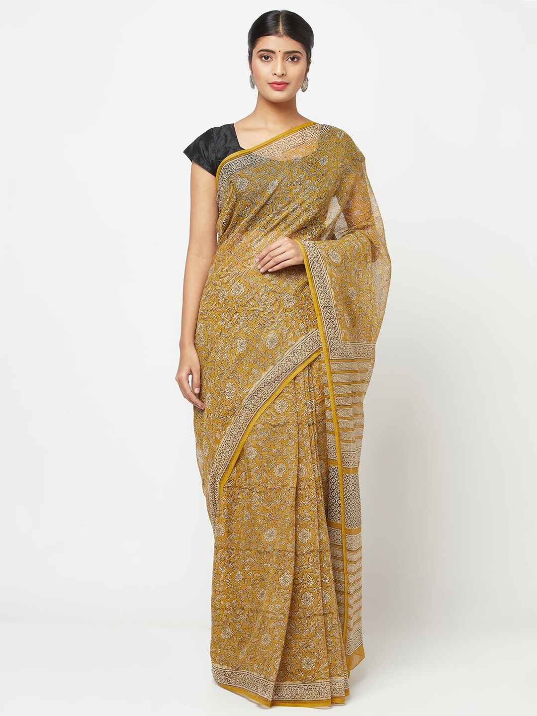 

Fabindia Mustard & Black Floral Block Print Saree