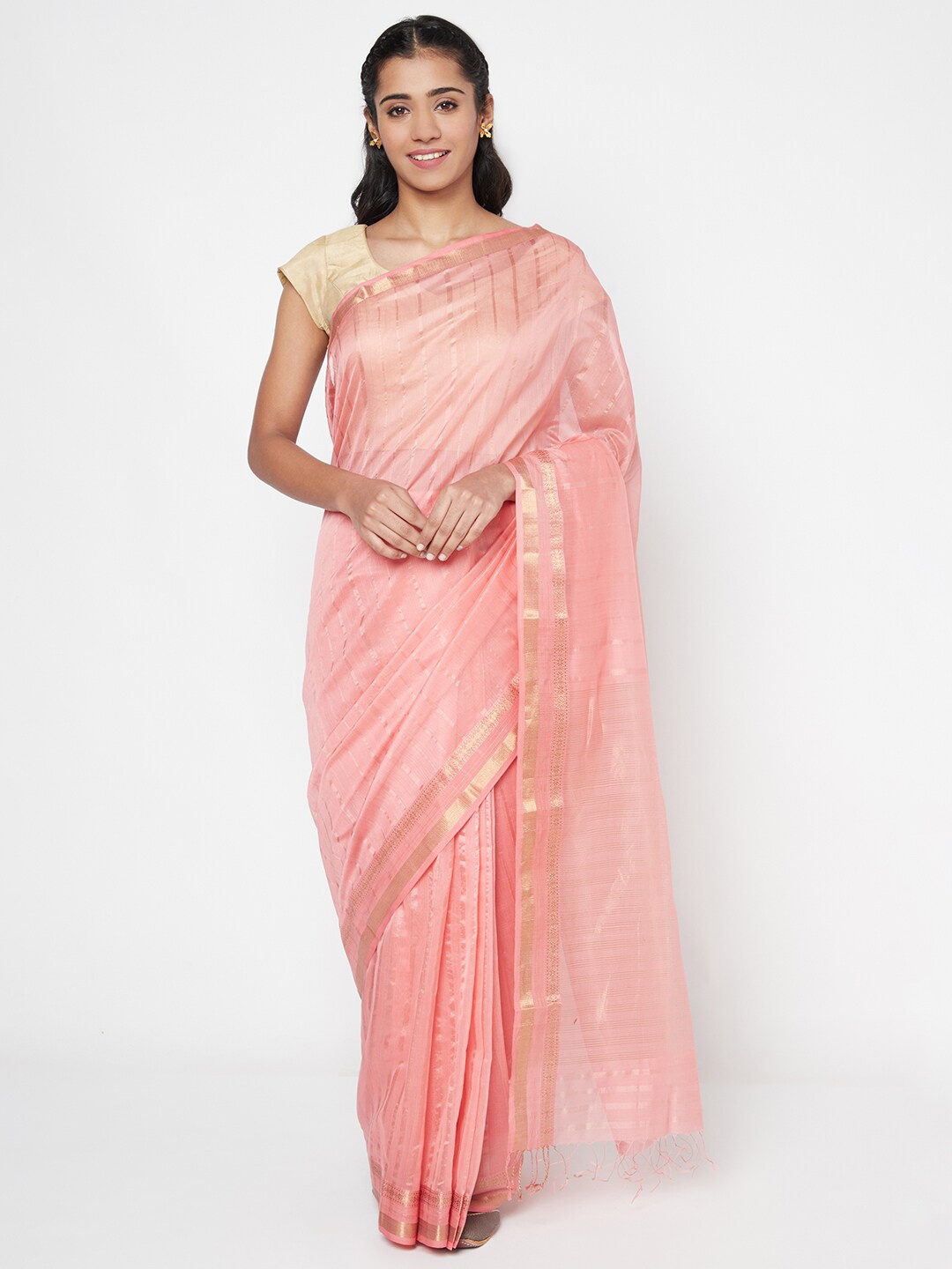 

Fabindia Pink & Gold-Toned Striped Saree