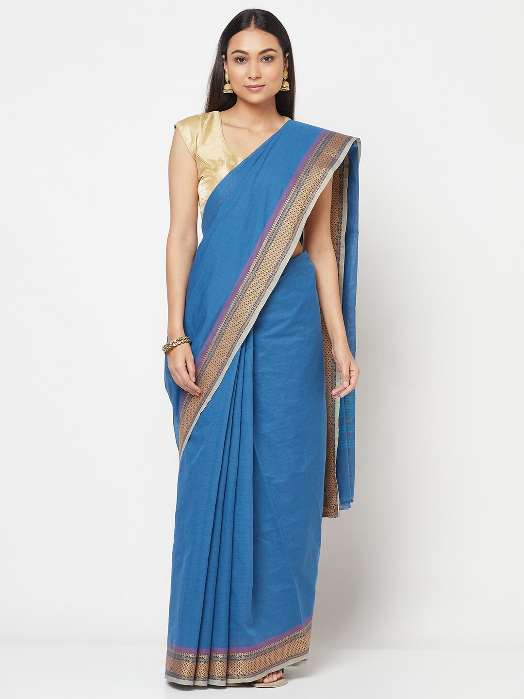 

Fabindia Navy Blue & Beige Woven Design Pure Cotton Saree