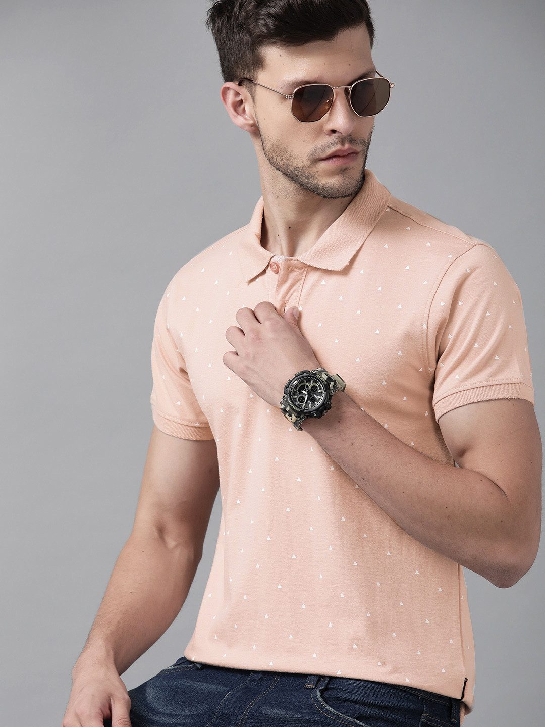 

Roadster Men Rose & Off White Printed Polo Collar T-shirt