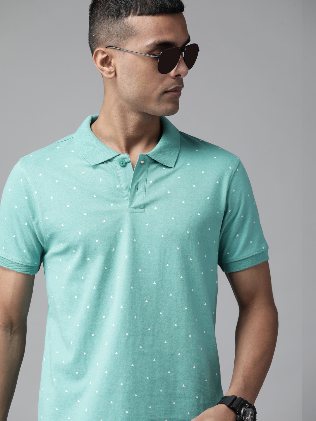 

Roadster Men Turquoise Blue & White Printed Polo Collar Pure Cotton T-shirt