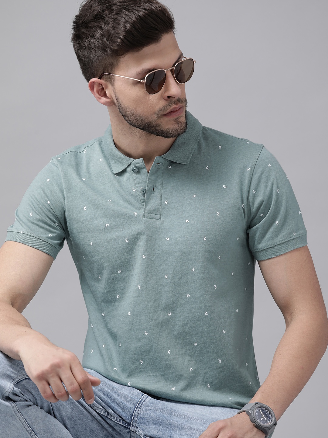 

Roadster Men Green & White Printed Polo Collar Pure Cotton T-shirt