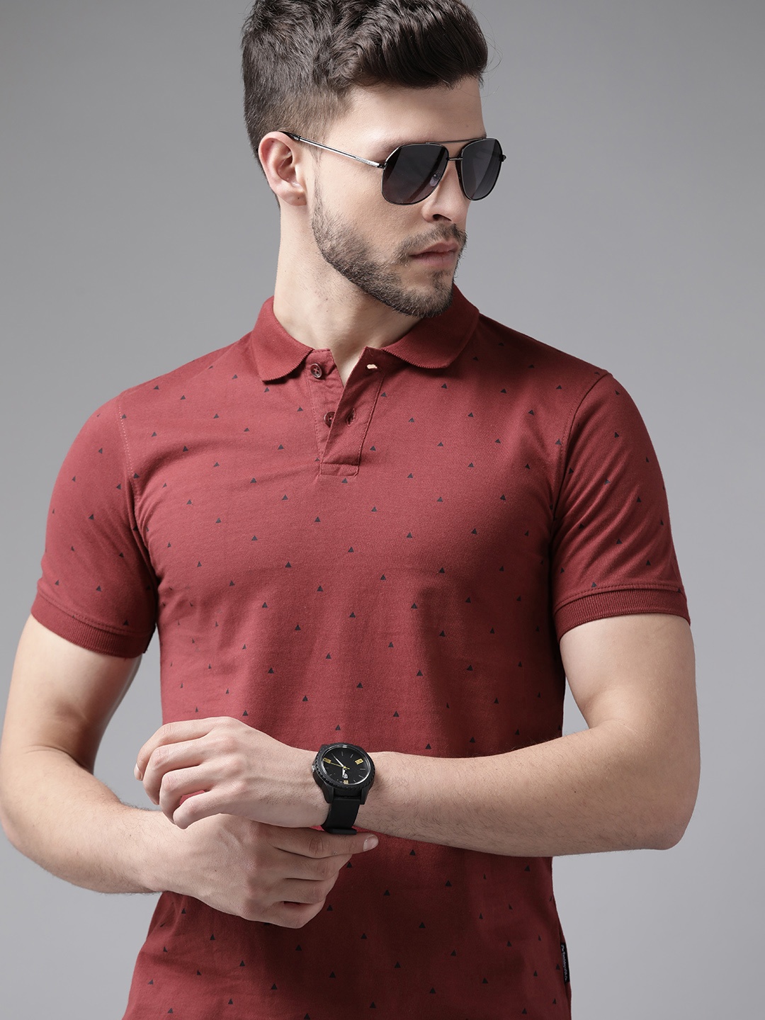 

Roadster Men Maroon & Black Printed Polo Collar Pure Cotton T-shirt