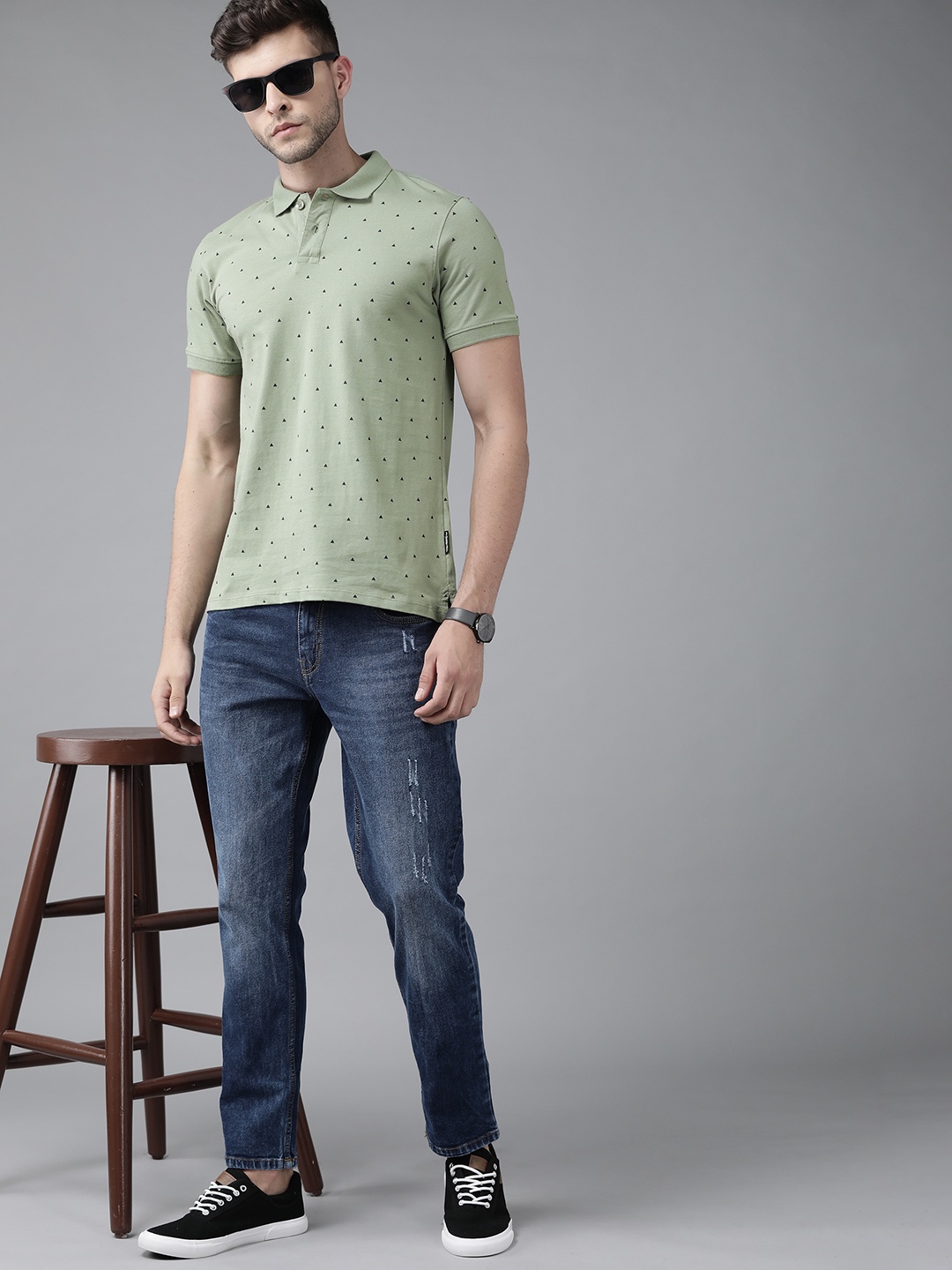 

Roadster Men Green & Black Printed Polo Collar Pure Cotton T-shirt