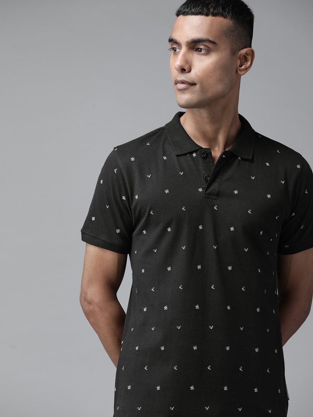 

Roadster Men Black & White Pure Cotton Conversational Printed Polo Collar T-shirt