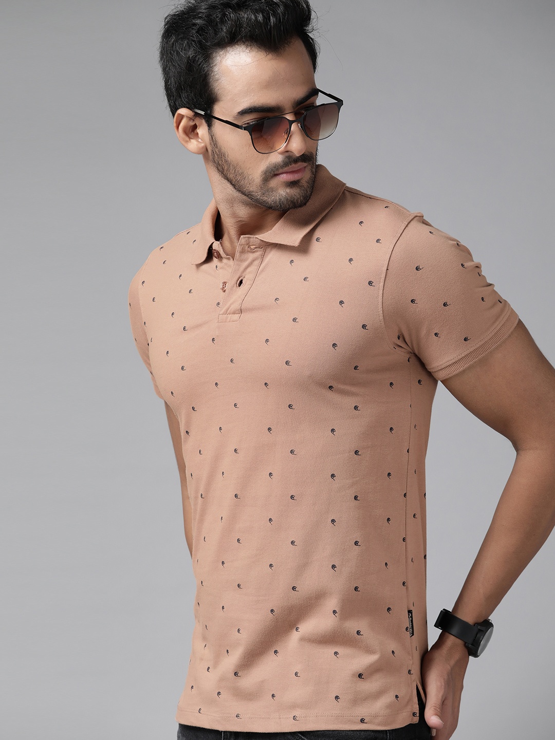 

Roadster Men Peach-Coloured Printed Pure Cotton Polo Collar T-shirt