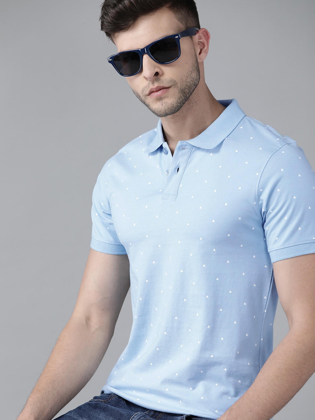 Roadster Men Blue & White Printed Polo Collar Pure Cotton T-shirt