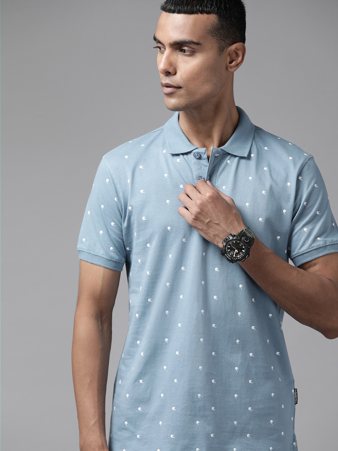 

Roadster Men Blue & White Printed Polo Collar Pure Cotton T-shirt