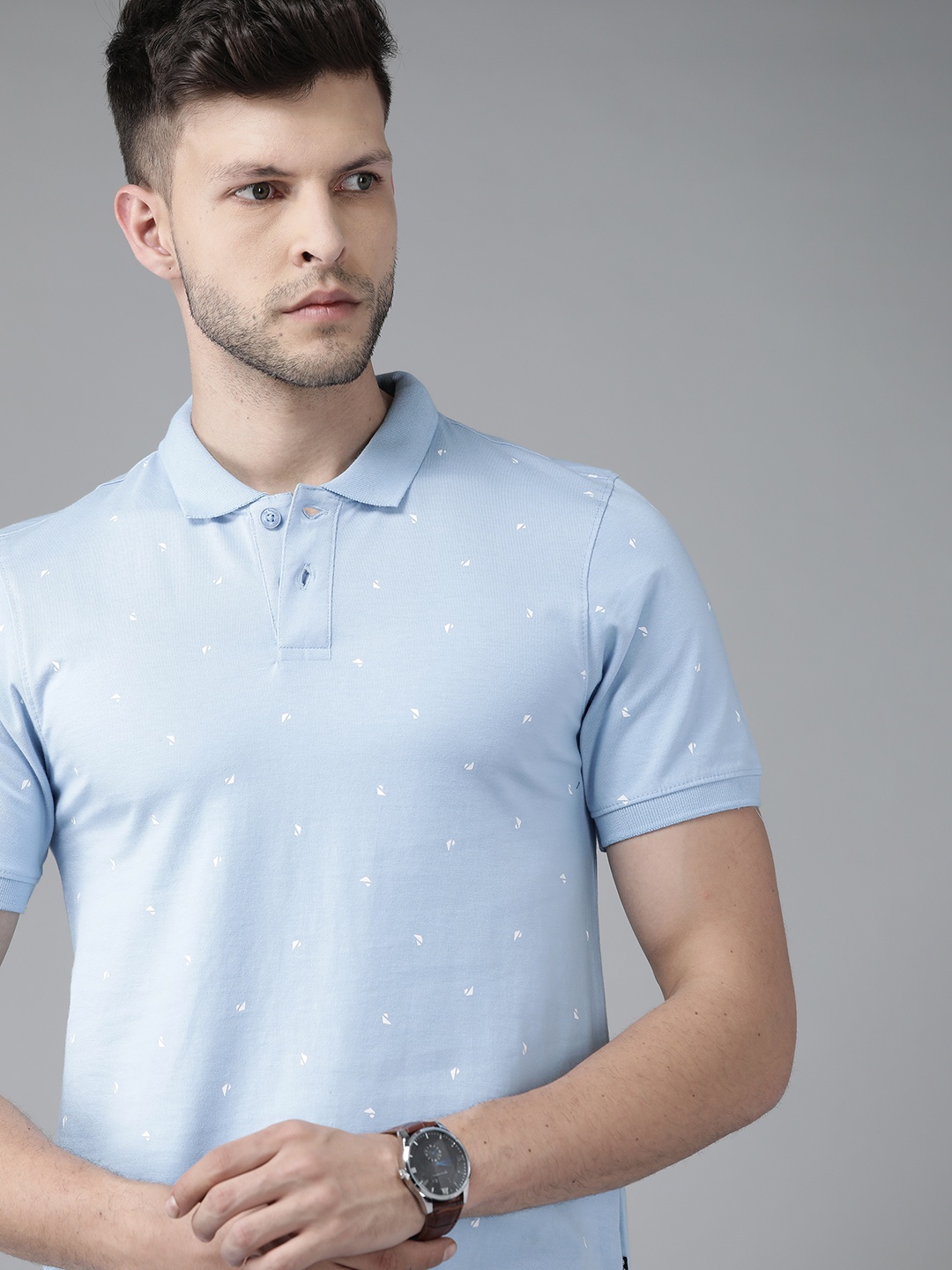 

Roadster Men Blue & White Conversational Printed Polo Collar Pure Cotton T-shirt