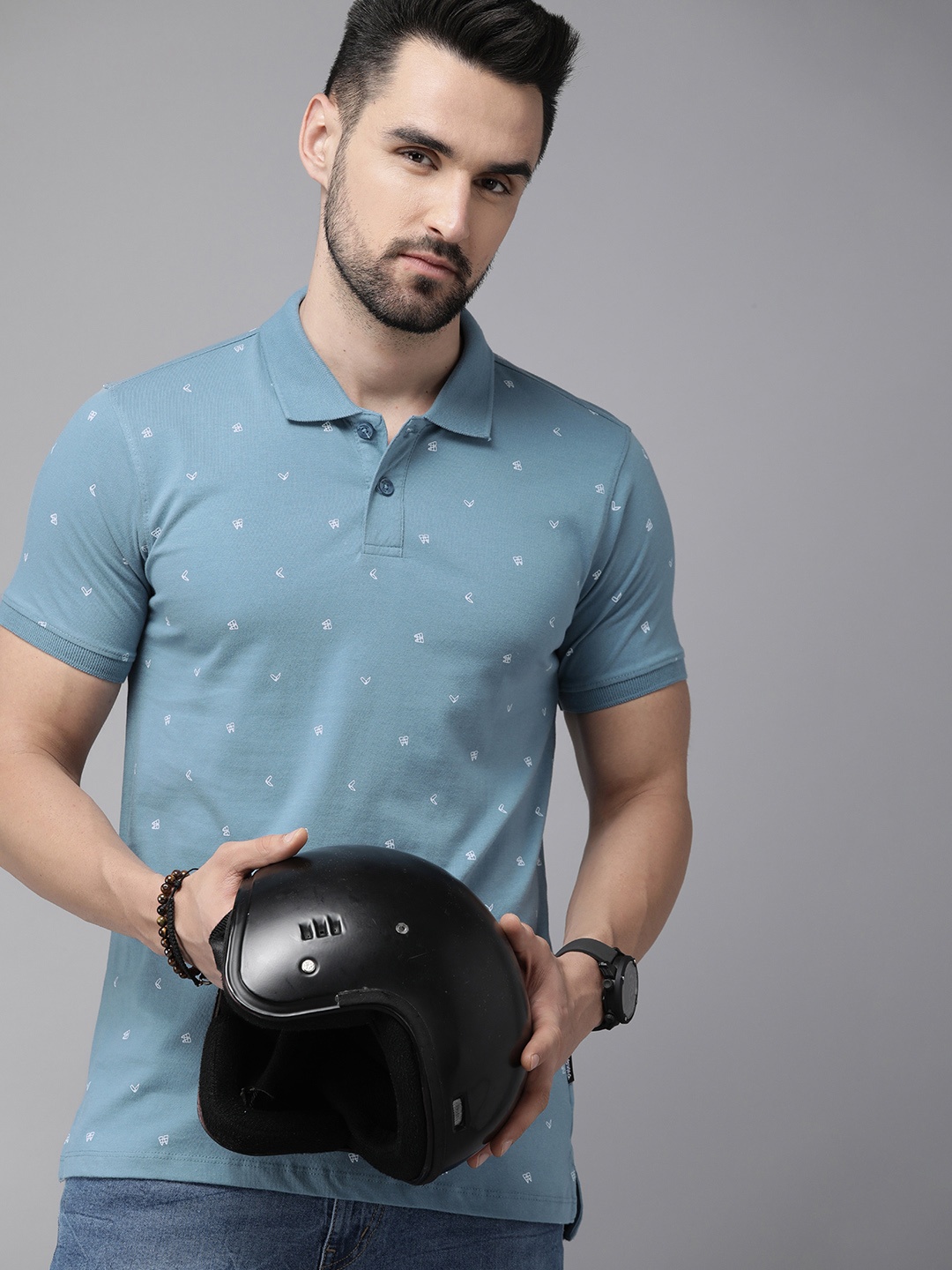 

The Roadster Lifestyle Co. Men Blue Printed Pure Cotton Polo Collar T-shirt