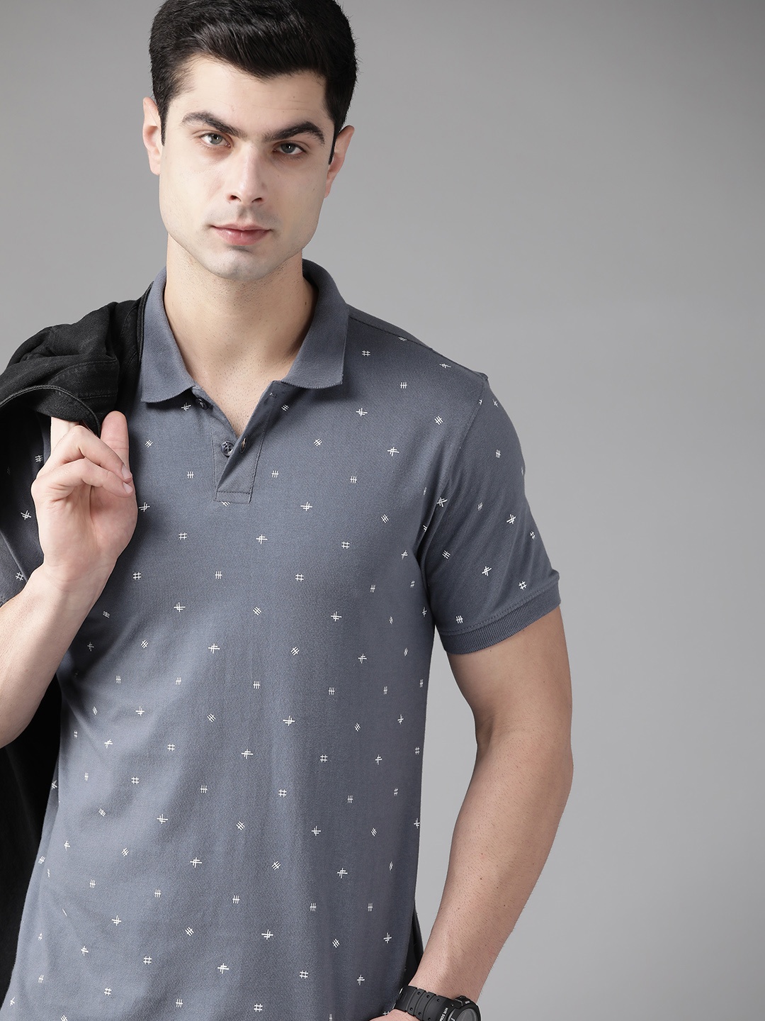 

Roadster Men Charcoal & White Printed Polo Collar Pure Cotton T-shirt