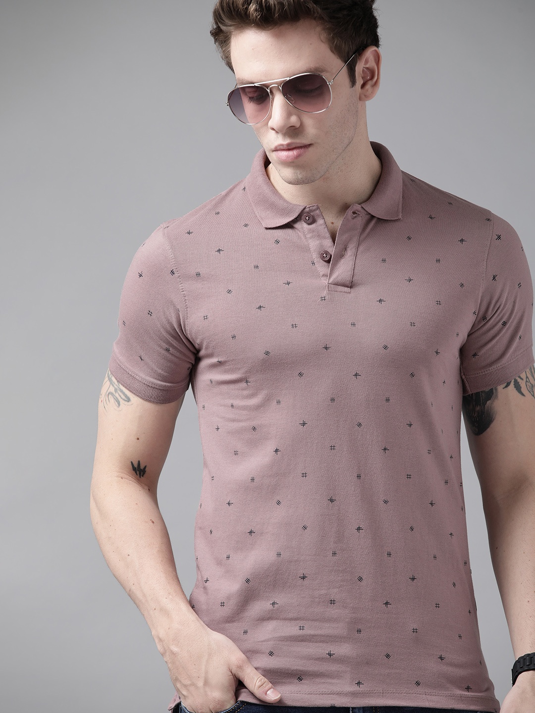 

Roadster Men Mauve Conversational Printed Polo Collar Pure Cotton T-shirt