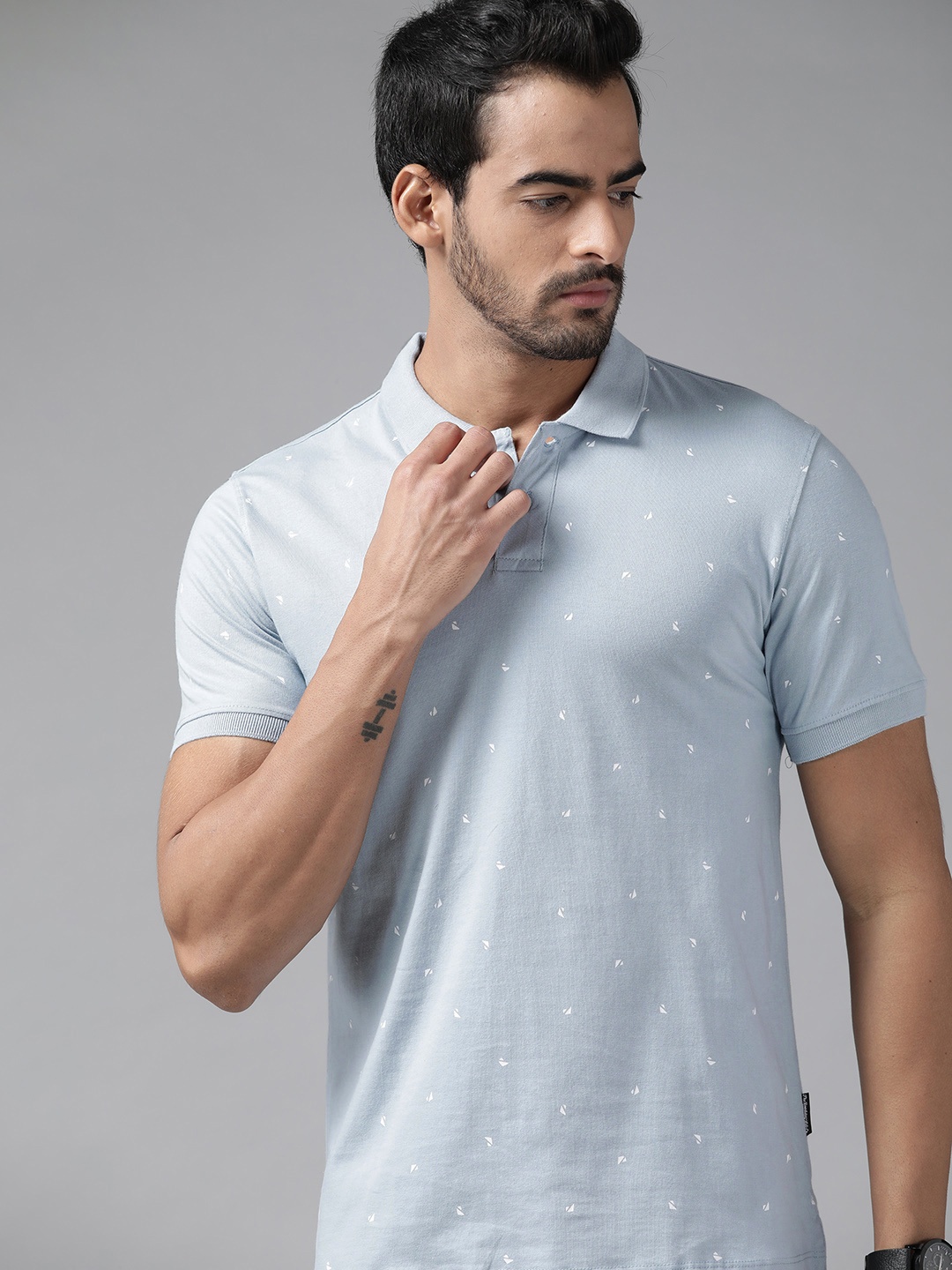 

Roadster Men Blue & White Printed Polo Collar Pure Cotton T-shirt