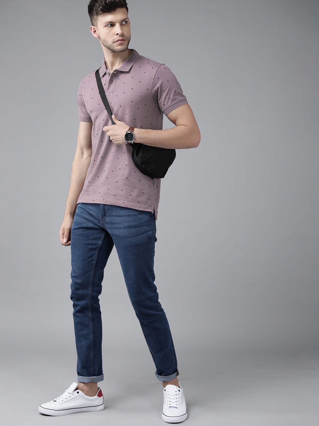 

Roadster Men Mauve & Navy Blue Printed Polo Collar Pure Cotton T-shirt