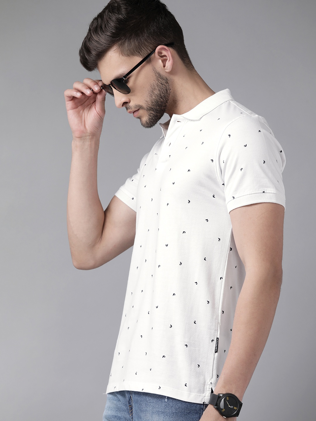 

Roadster Men White & Black Printed Polo Collar Pure Cotton T-shirt