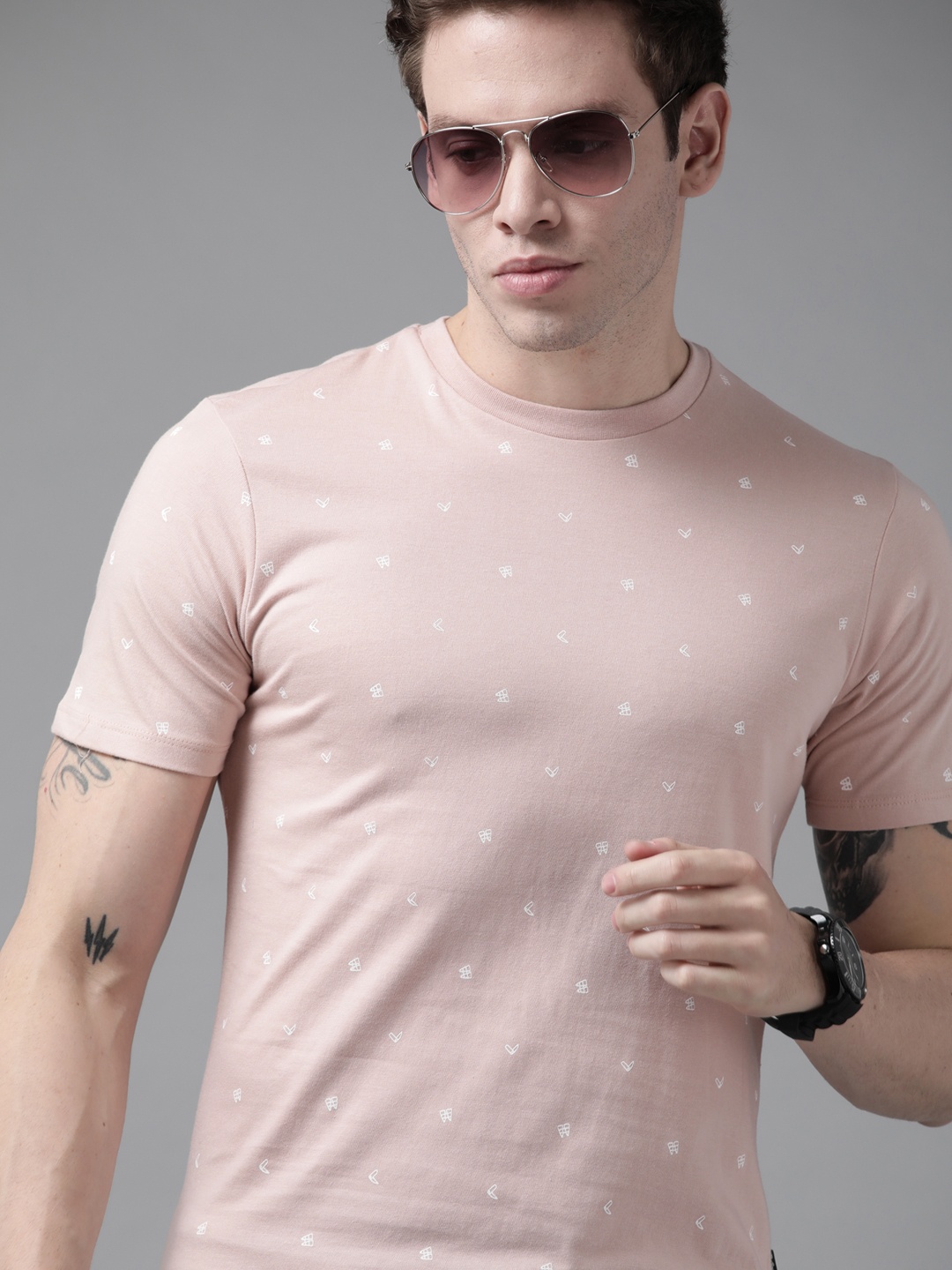 

Roadster Men Dusty Pink Printed Pure Cotton T-shirt, Rose