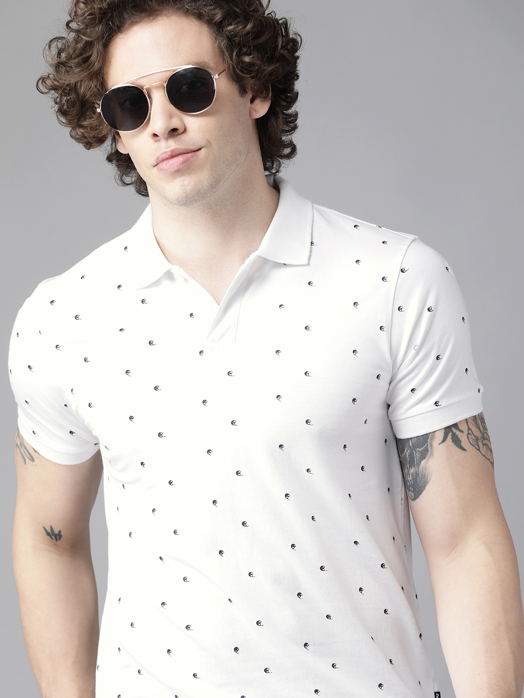 

Roadster Men White & Black Pure Cotton Printed Polo Collar T-shirt