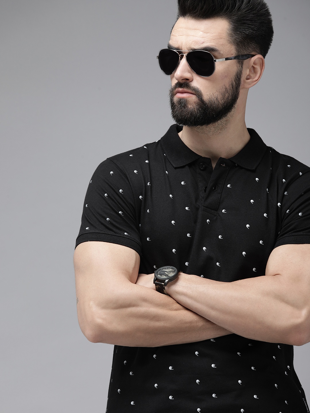 

Roadster Men Black & White Printed Pure Cotton Polo Collar T-shirt