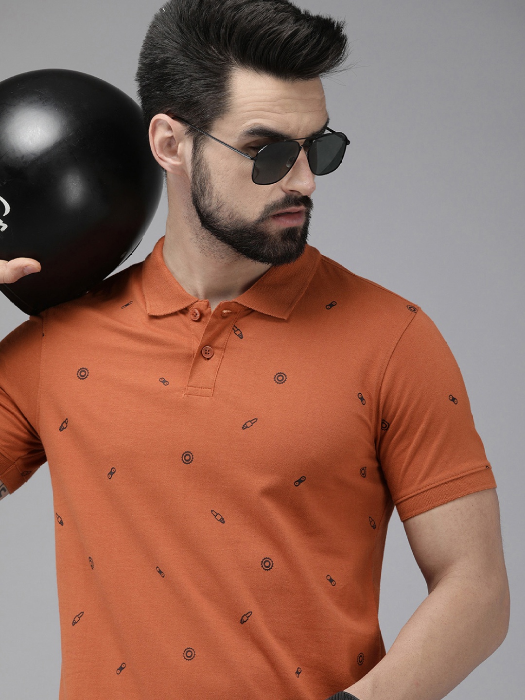 

The Roadster Lifestyle Co. Men Rust Orange Printed Polo Collar Pure Cotton T-shirt