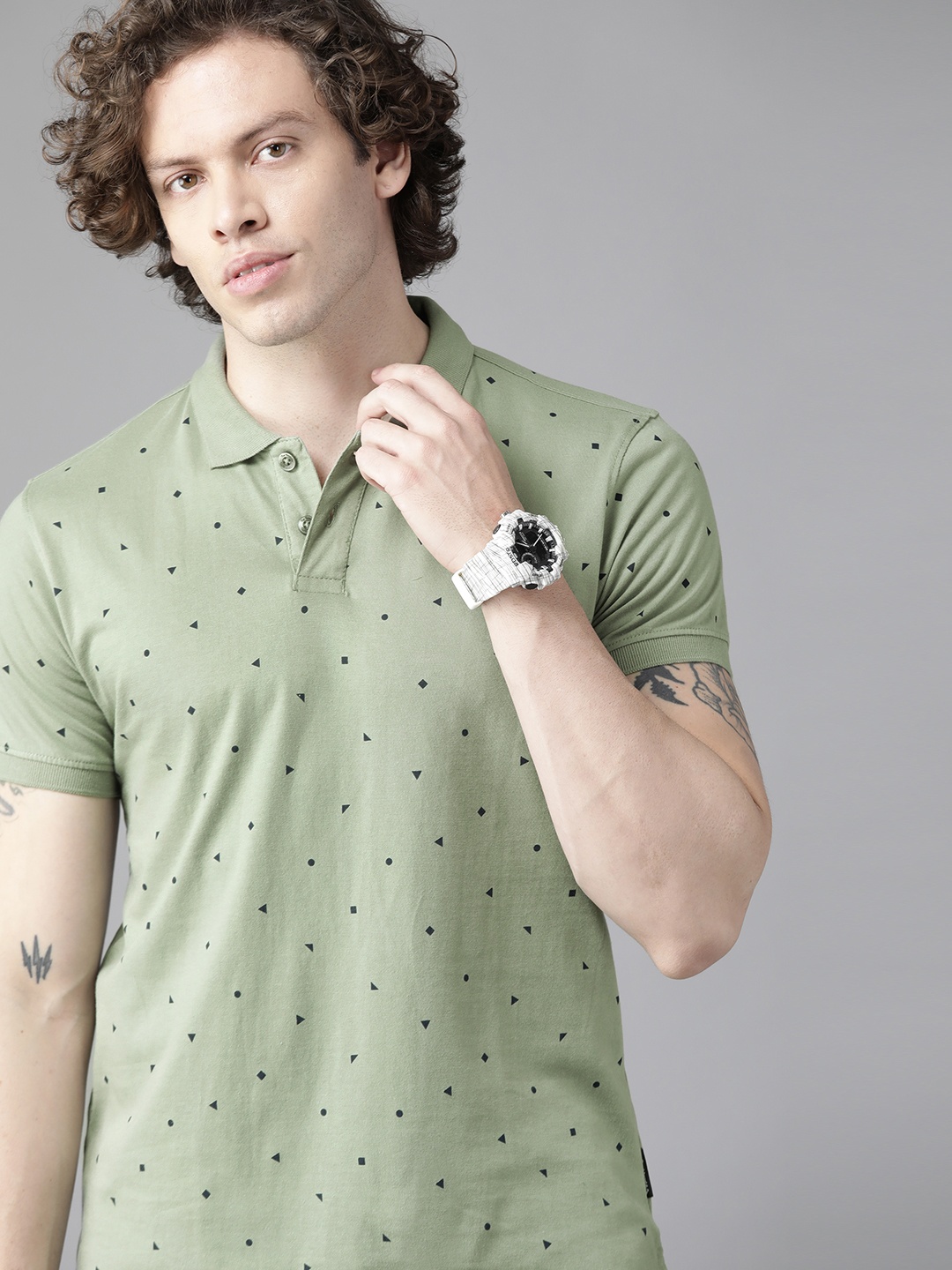 

Roadster Men Green & Black Pure Cotton Printed Polo Collar T-shirt