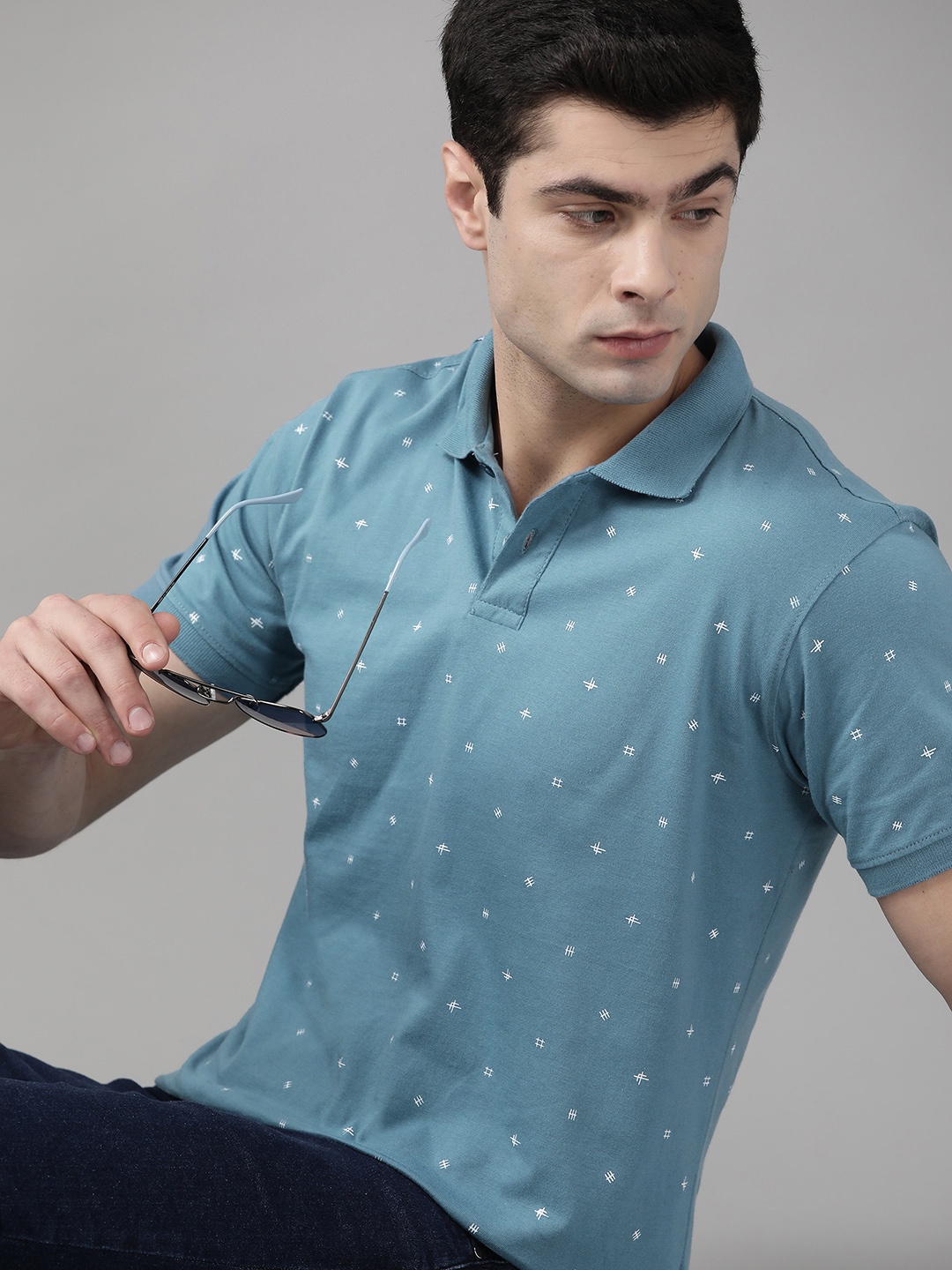 

Roadster Men Blue & White Printed Pure Cotton Polo Collar T-shirt