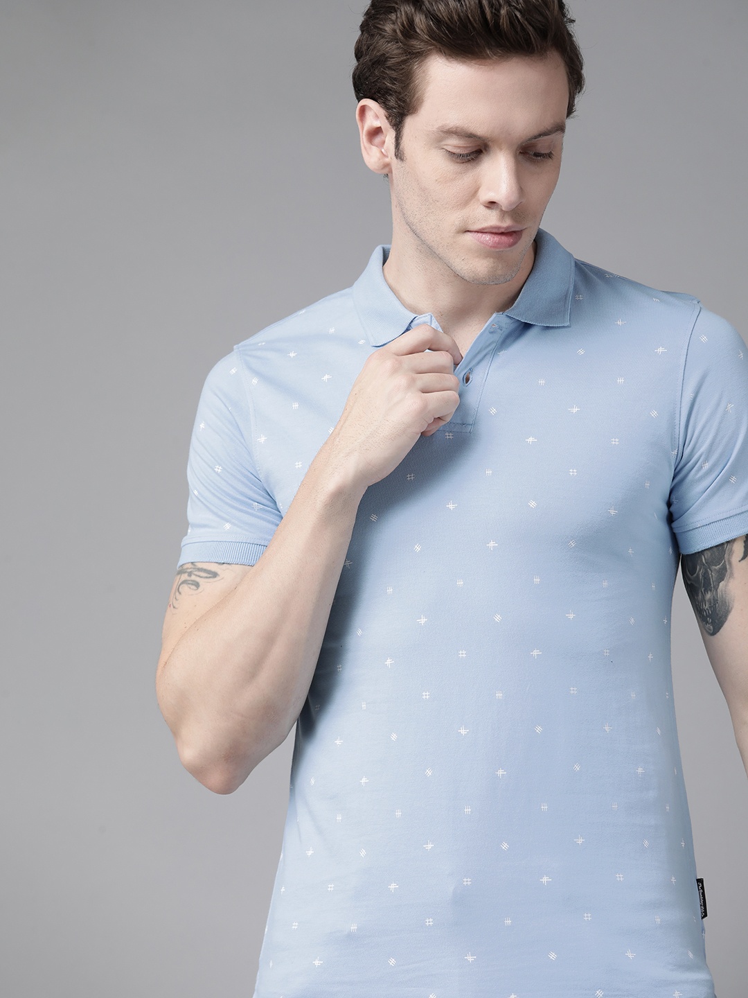 

Roadster Men Blue & White Printed Polo Collar Pure Cotton T-shirt
