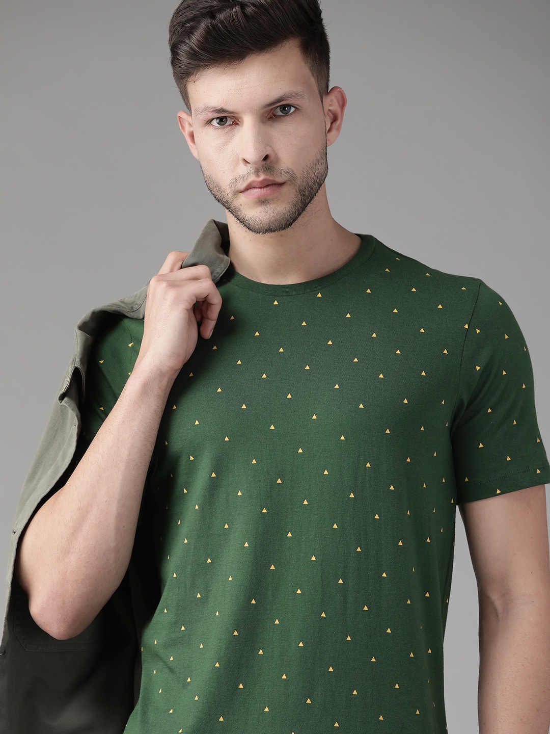 

Roadster Men Green & Mustard Yellow Printed Pure Cotton T-shirt