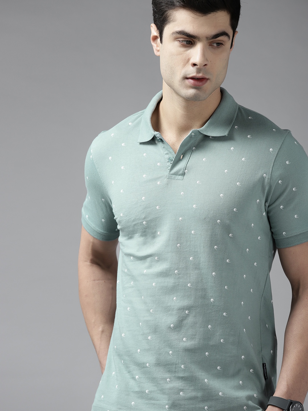 

Roadster Men Green & White Printed Polo Collar Pure Cotton T-shirt