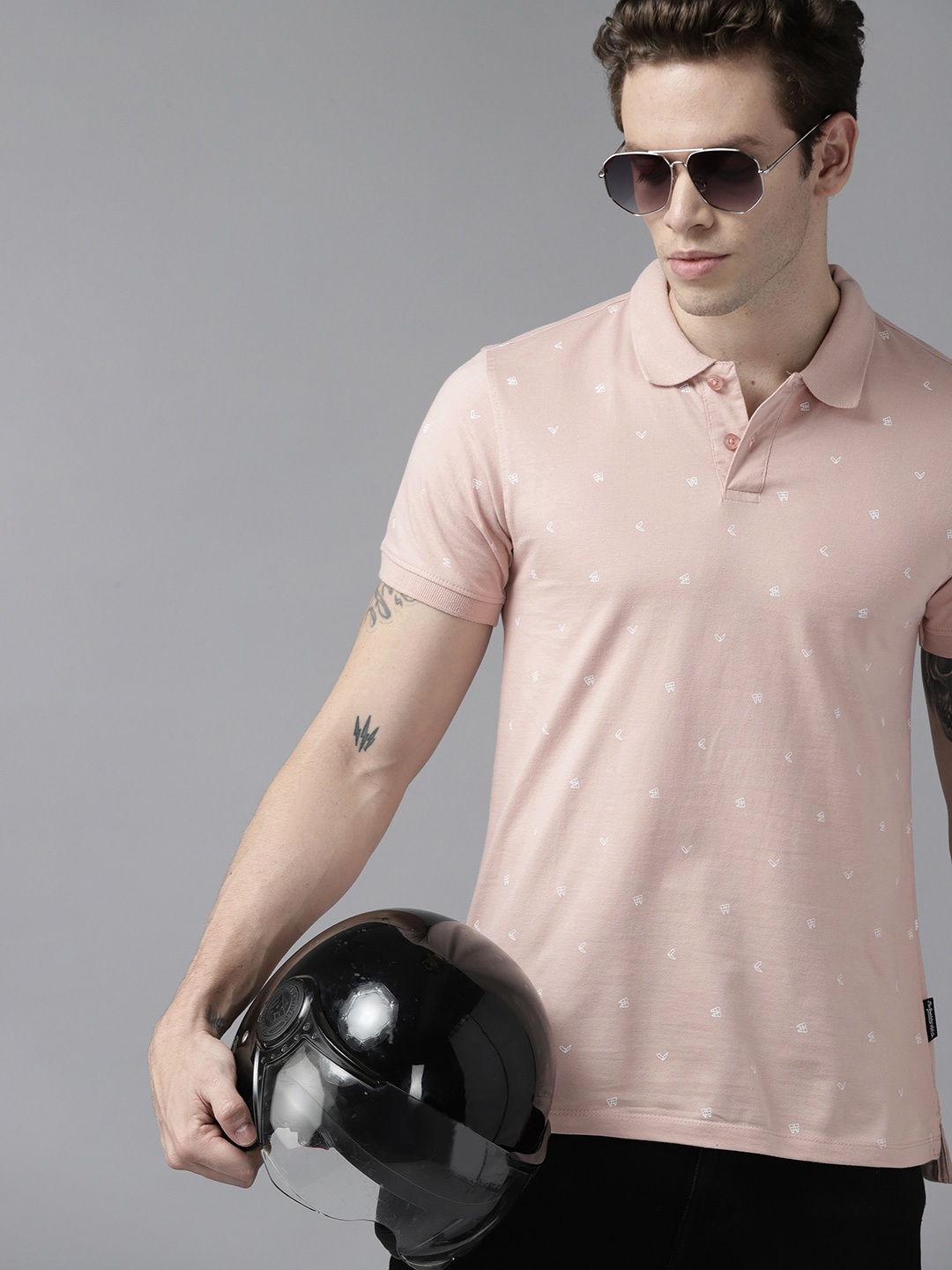 

Roadster Men Beige Printed Polo Collar Pure Cotton T-shirt