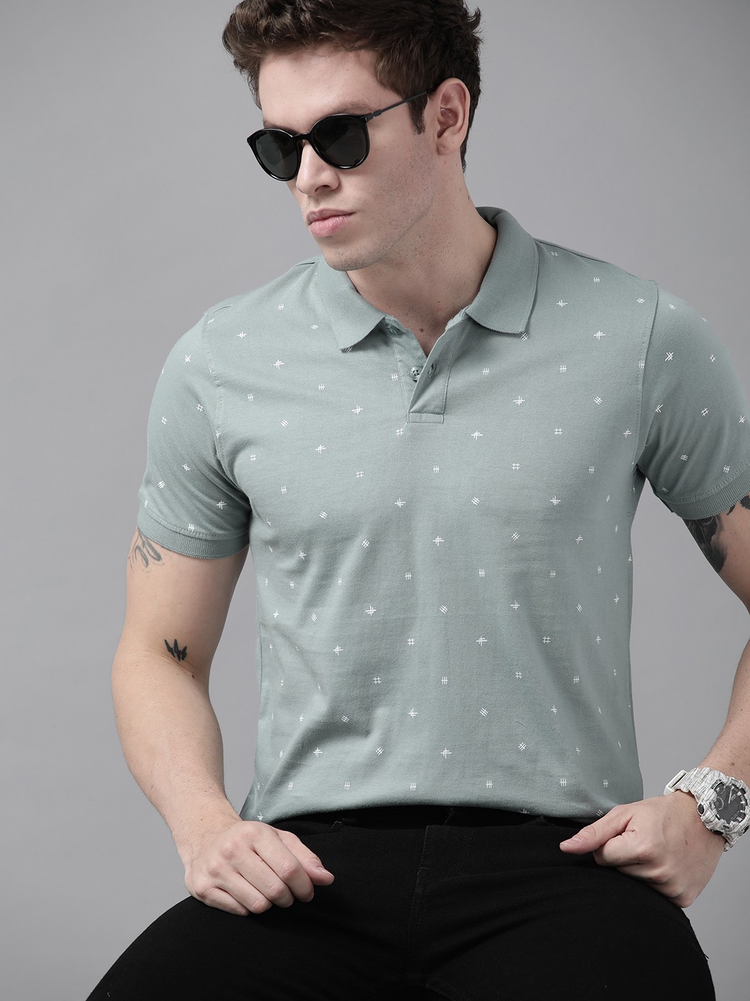 

Roadster Men Green Printed Polo Collar Pure Cotton T-shirt