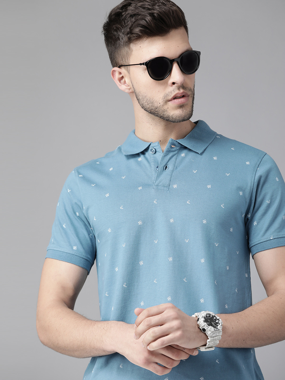 

Roadster Men Blue & White Pure Cotton Printed Polo Collar T-shirt