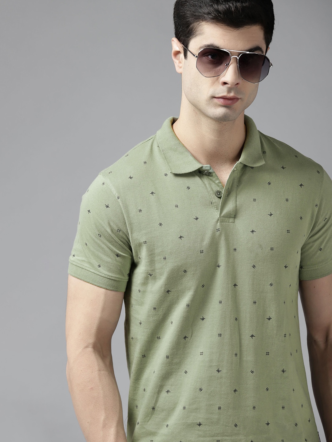 

Roadster Men Green & Navy Blue Printed Polo Collar Pure Cotton T-shirt