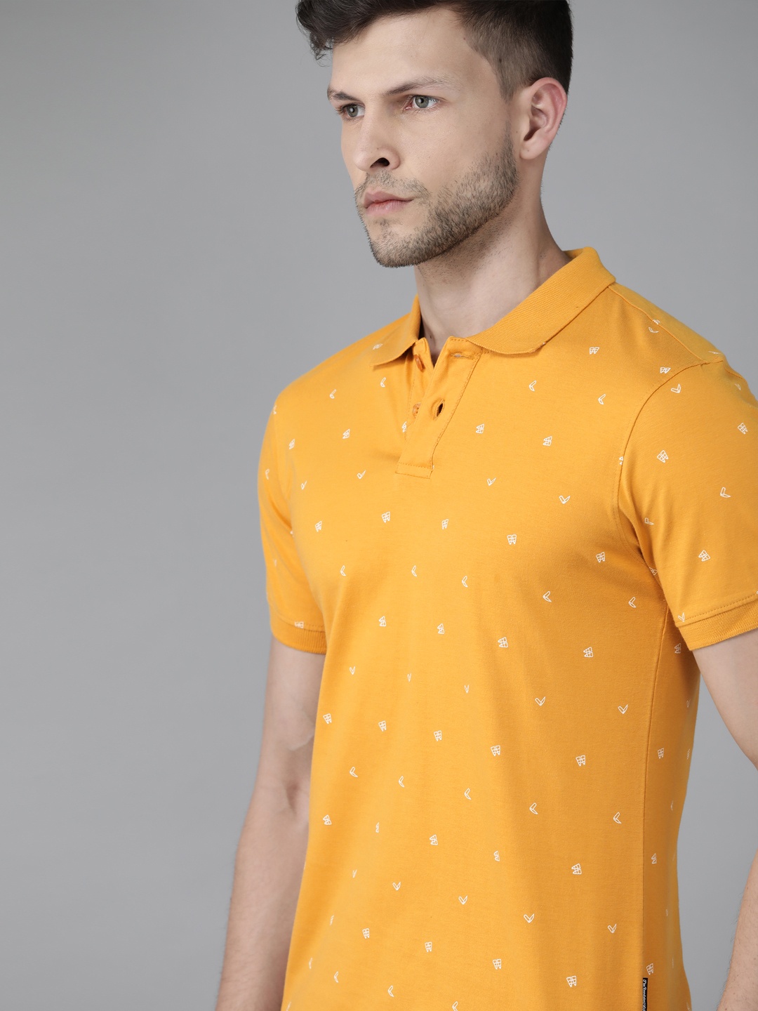 Roadster Men Yellow & White Printed Polo Collar Pure Cotton T-shirt