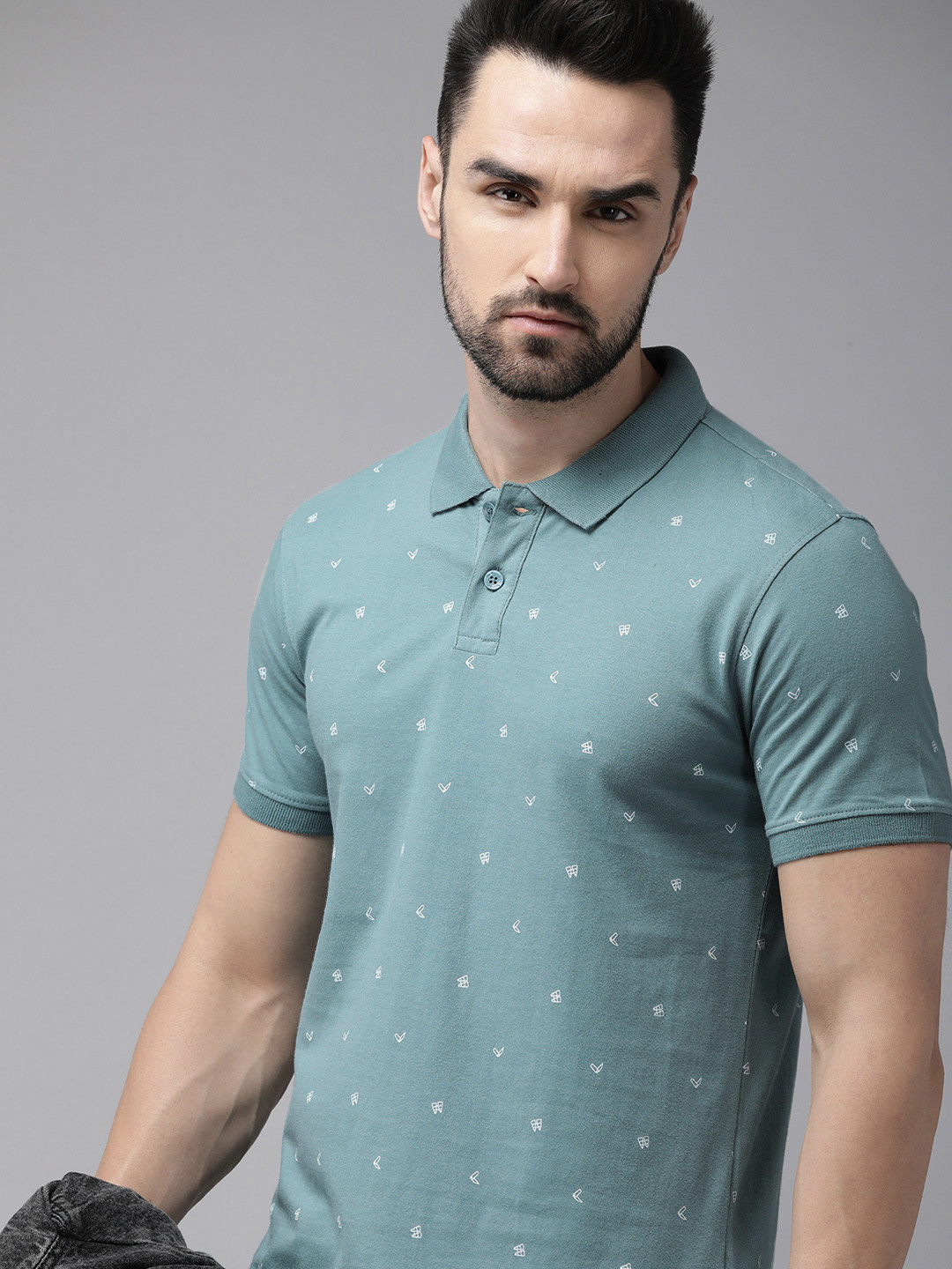 

The Roadster Lifestyle Co. Men Teal Printed Pure Cotton Polo Collar T-shirt