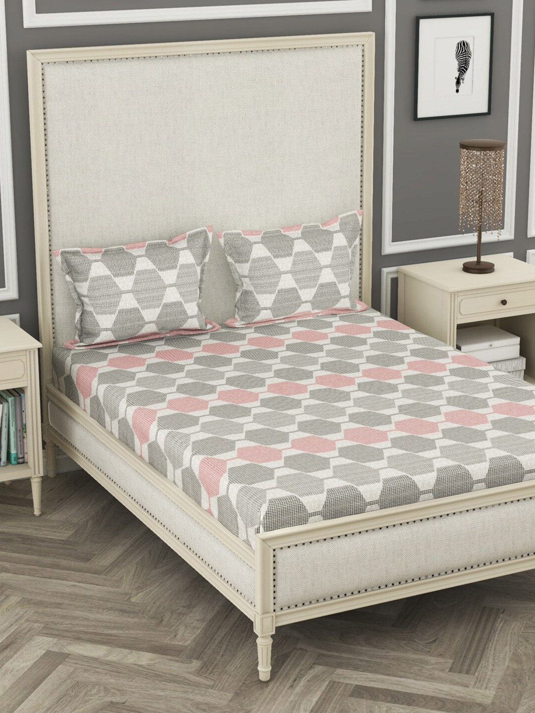 

BIANCA White & Grey Geometric Cotton 110 TC Queen Bedsheet with 2 Pillow Covers
