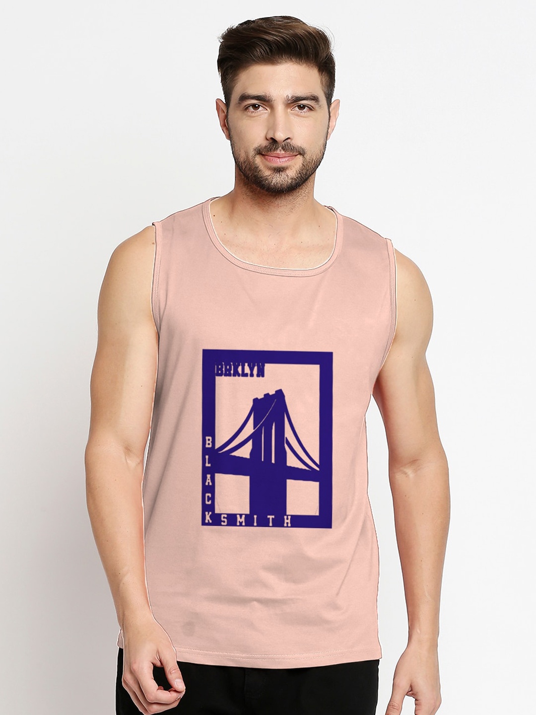 

Blacksmith Men Peach Graphic Printed Cotton Training or Gym Vest