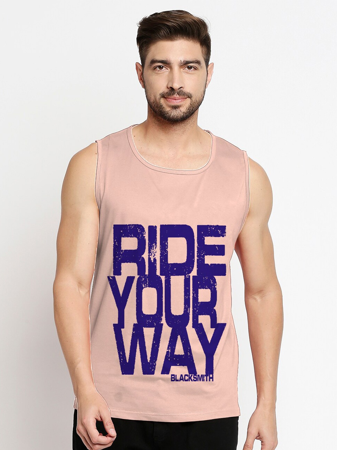 

Blacksmith Men Peach-Coloured Typography Printed Pure Cotton Training or Gym T-shirt