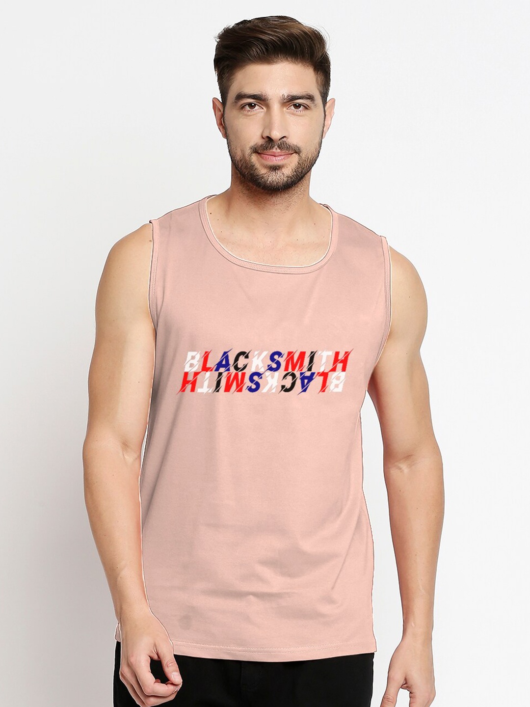 

Blacksmith Men Pink & Red Typography Printed Raw Edge Training or Gym T-shirt