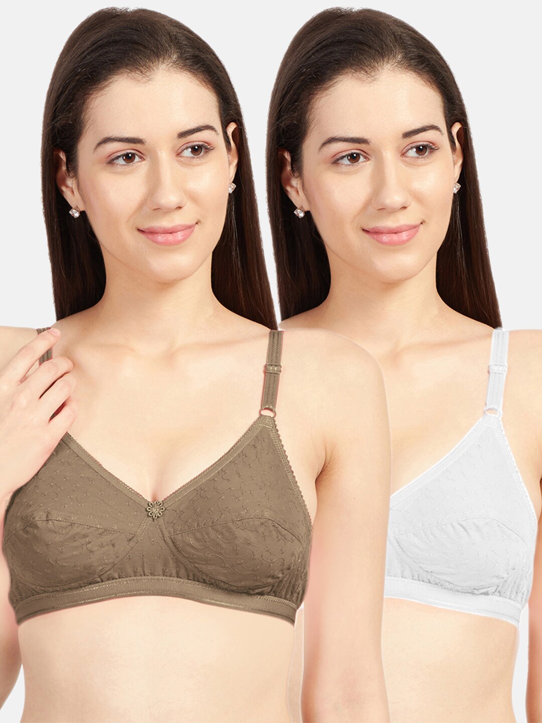 

Sonari Olive Green & White Pack of 2 Non Wired Non Padded Cotton Everyday Bra