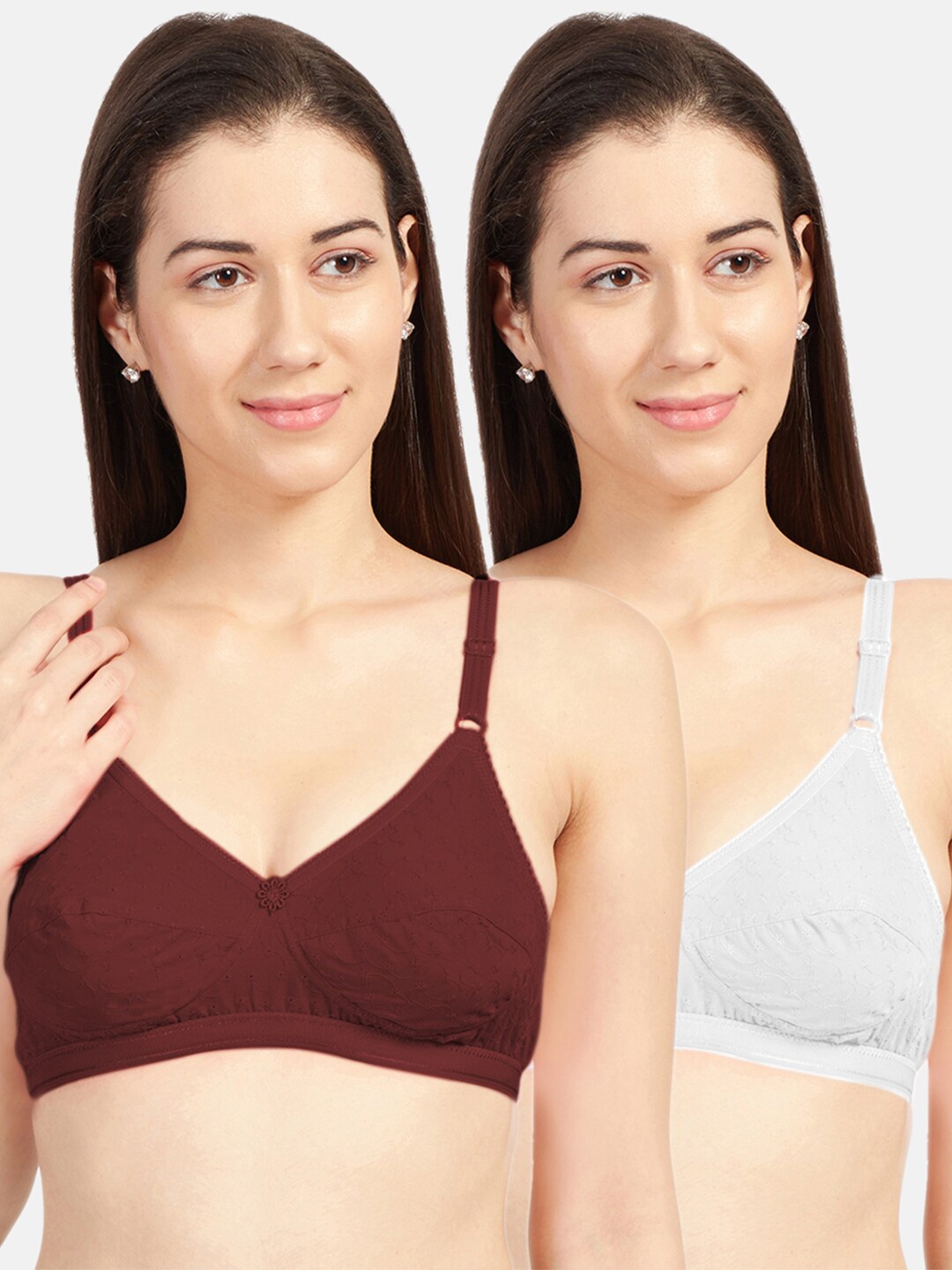 Sonari Maroon & White Pack of 2 Non Wired Non Padded Cotton Everyday Bra