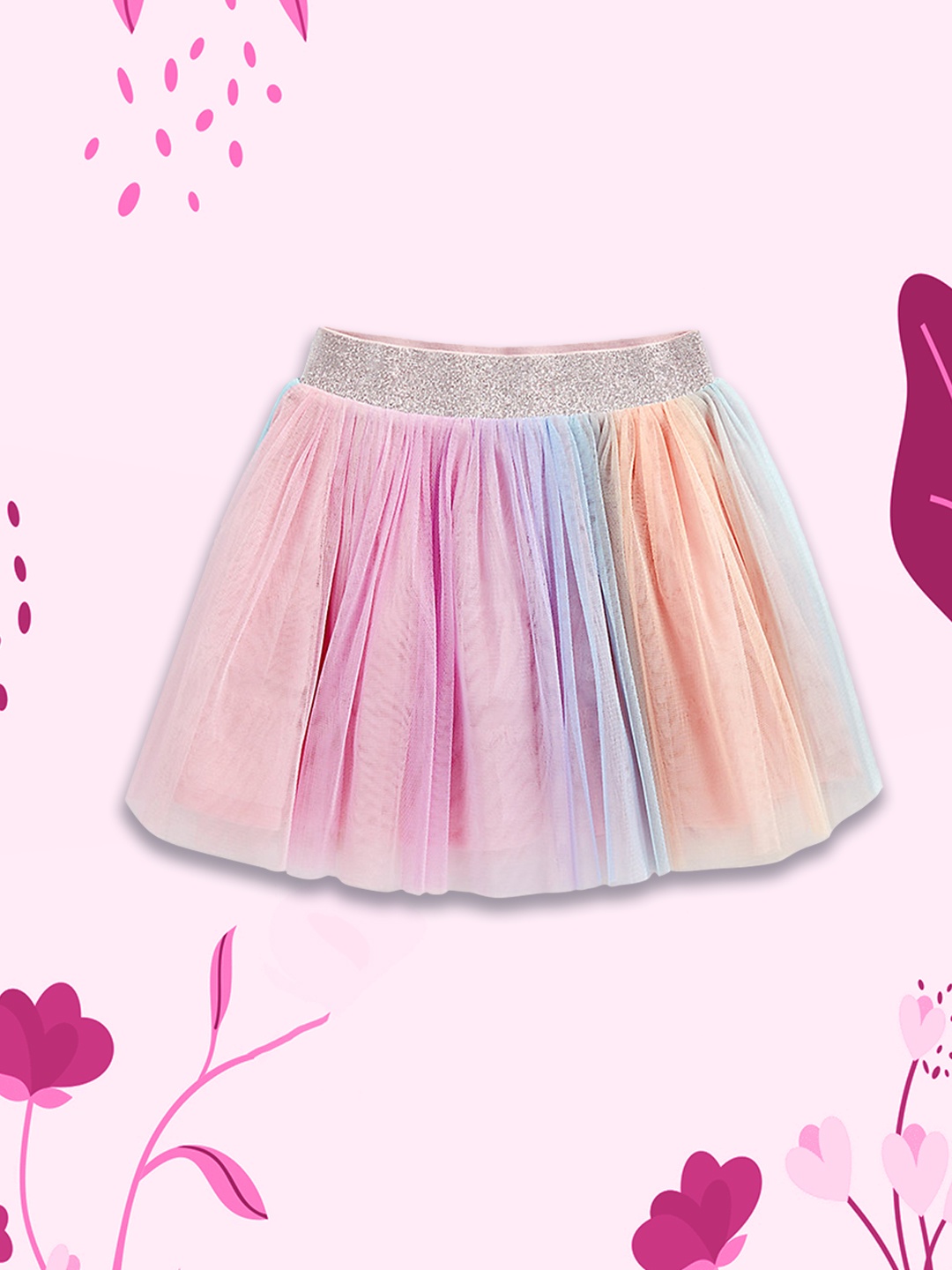 

mothercare Girls Pink & Blue Colourblocked Gathered Or Pleated Shimmer Party Flared Skirt