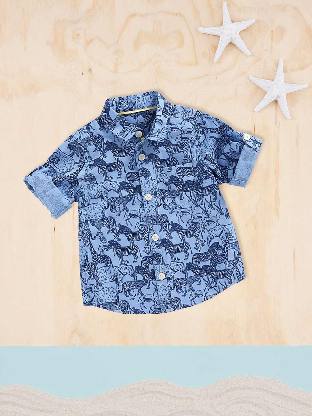 

mothercare Boys Blue Slim Fit Animal Opaque Printed Pure Cotton Casual Shirt