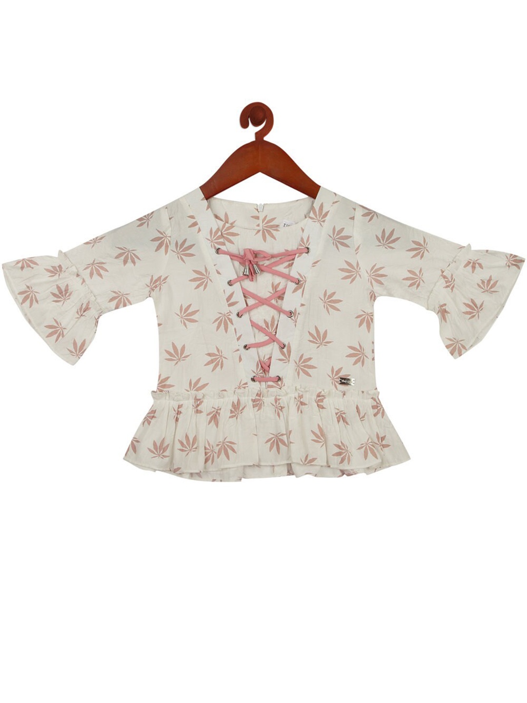 

Tiny Girl Off White & Pink Floral Print Top With Lace-Up Detail