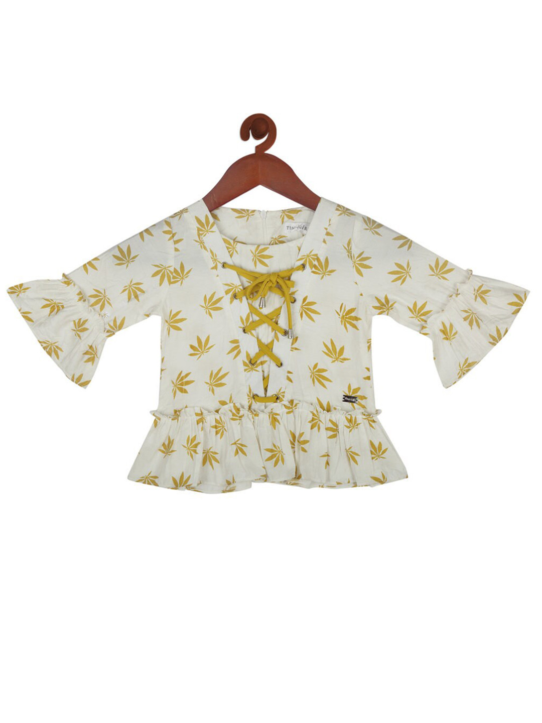 

Tiny Girl Mustard Yellow & Off White Floral Print Tie-Up Neck Top