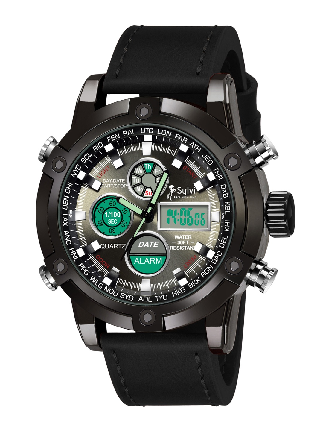 

Sylvi Men Black Dial & Leather Textured Straps Analogue and Digital Watch 3022-Blacka