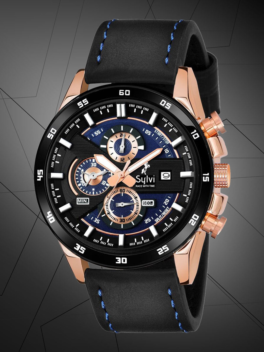 

Sylvi Men Blue Dial & Black Leather Bracelet Style Straps Analogue Watch 556, Rose gold