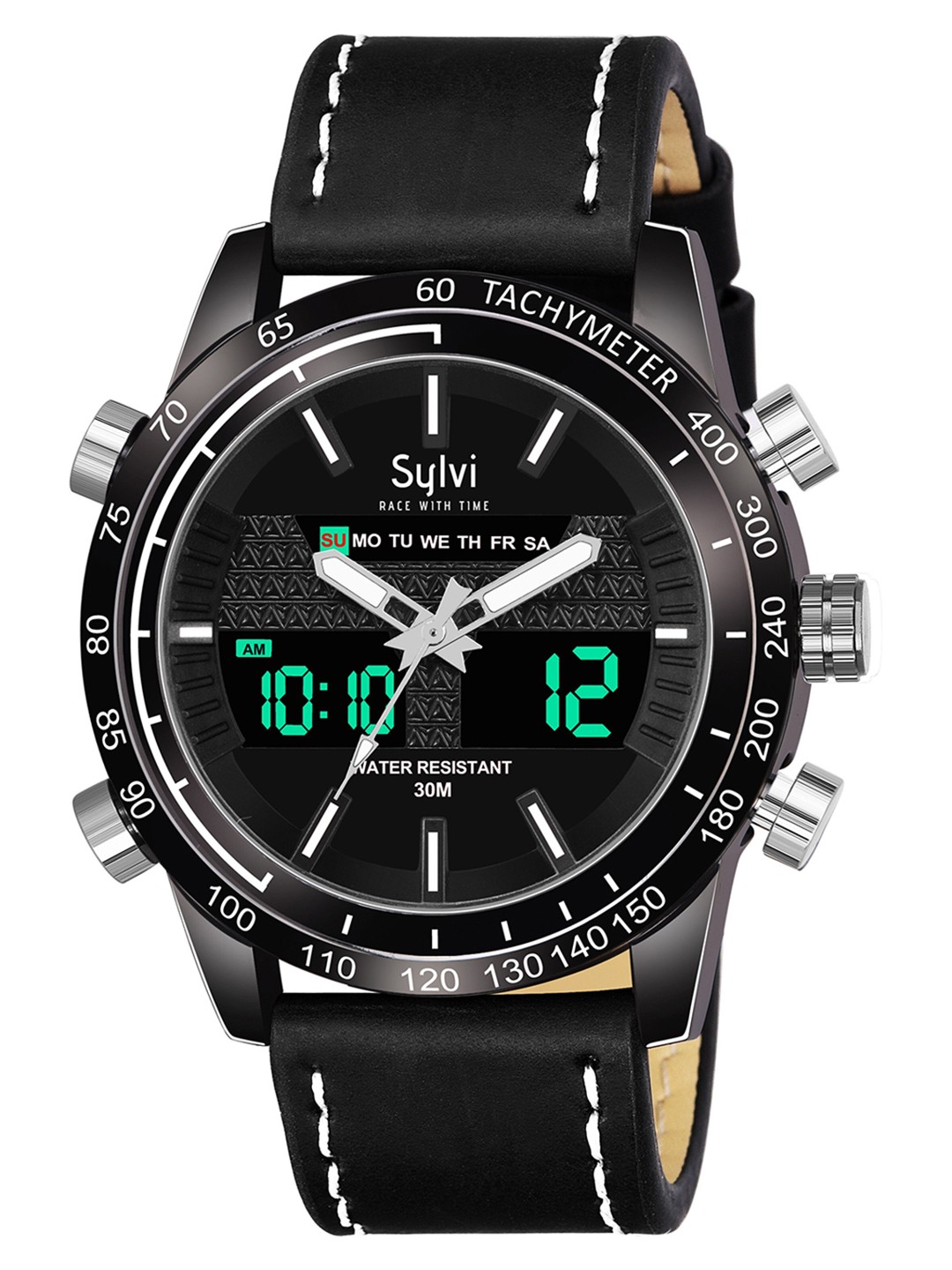 

Sylvi Men Black Patterned Dial & Black Leather Wrap Around Straps Analogue and Digital Watch